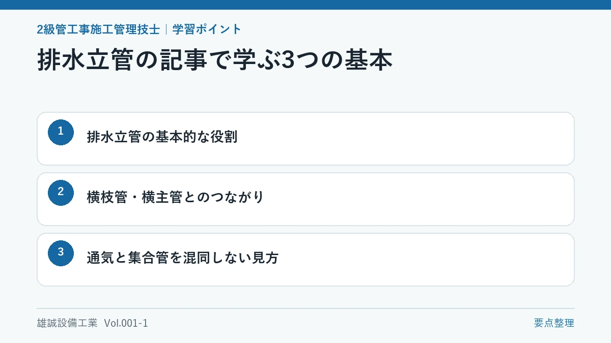 排水立管の役割と関連する管や設備を整理した学習画像