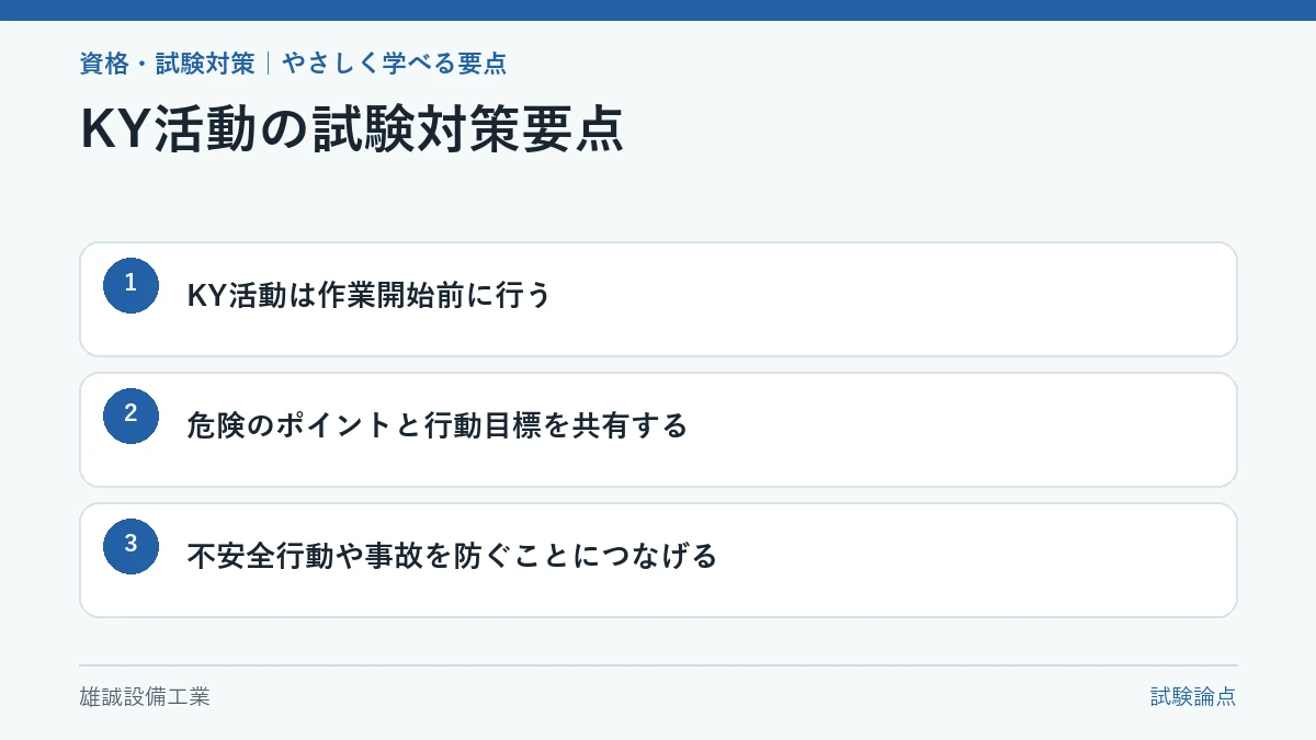 KY活動の三つの試験対策要点を示す学習図
