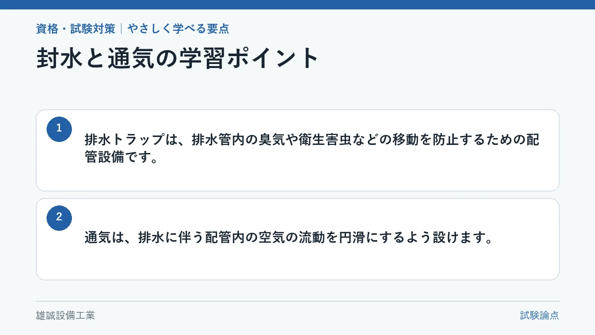 排水トラップ、封水部、配管内の空気の流動、通気の関係を整理した学習図