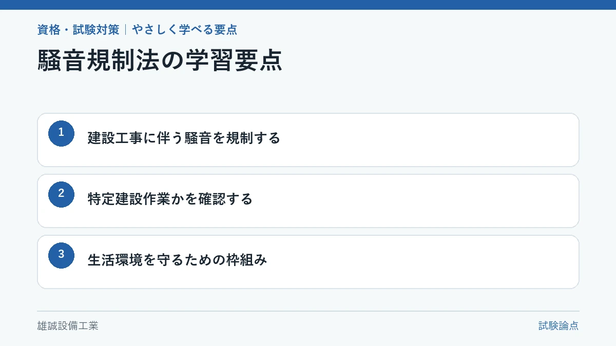 騒音規制法の目的と特定建設作業、指定地域の関係を示す要点図