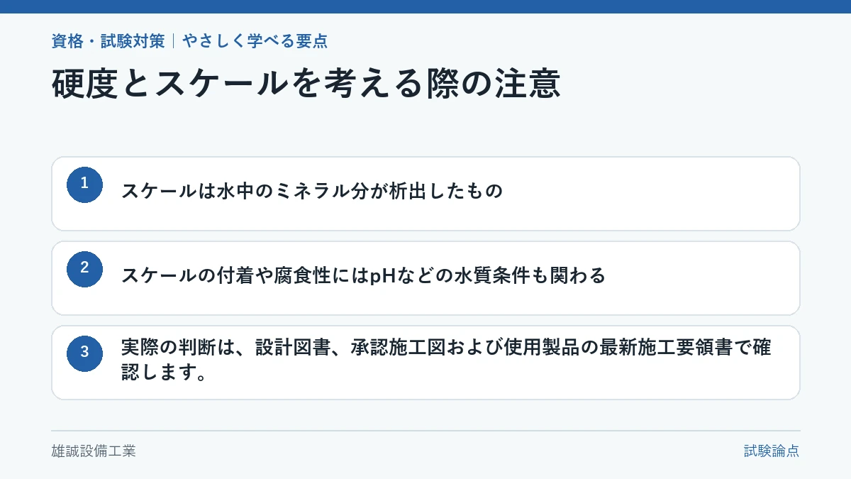 硬度とスケールの基本的関係と水質条件への注意を示す図